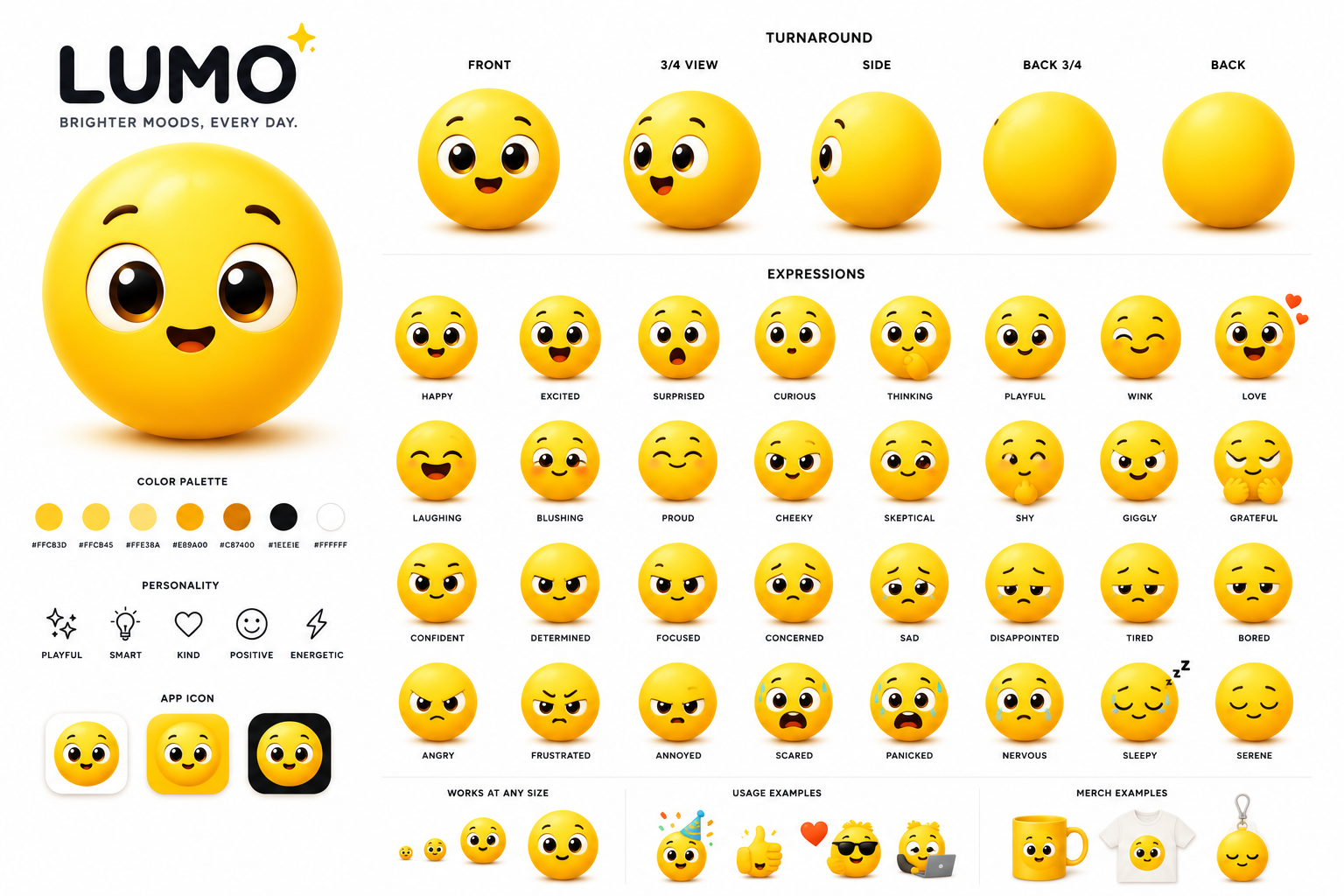 Lumo character sheet — turnaround, expressions, color palette and personality