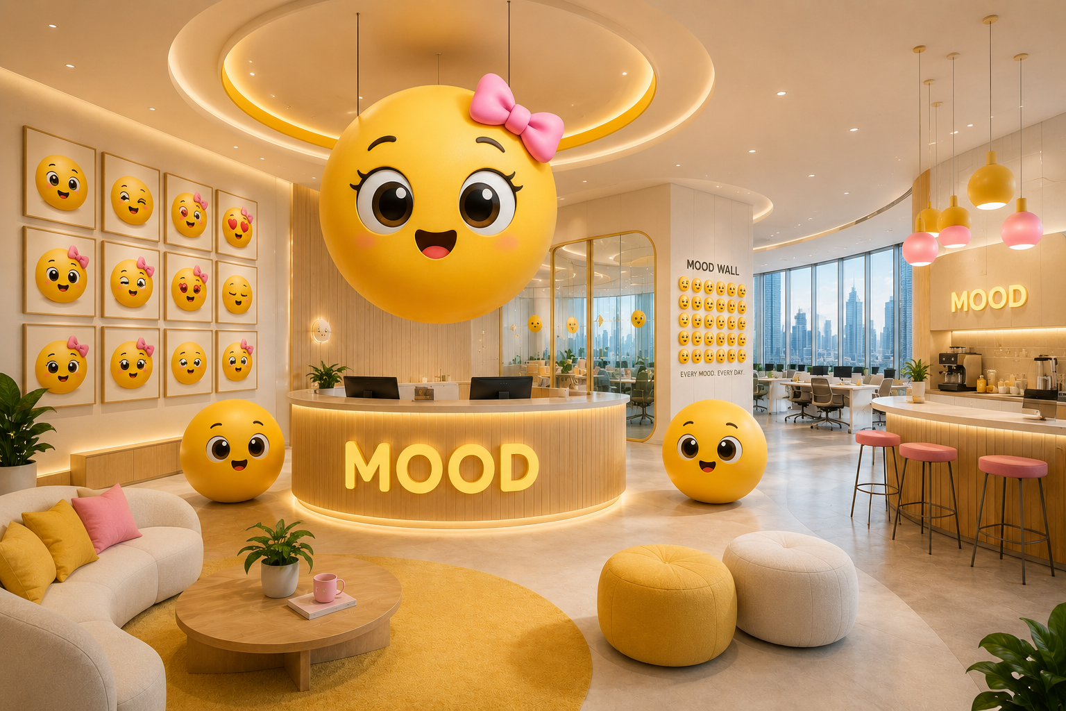 Mood Boost Studio office with giant Mood characters, a mood wall, and a bright lounge